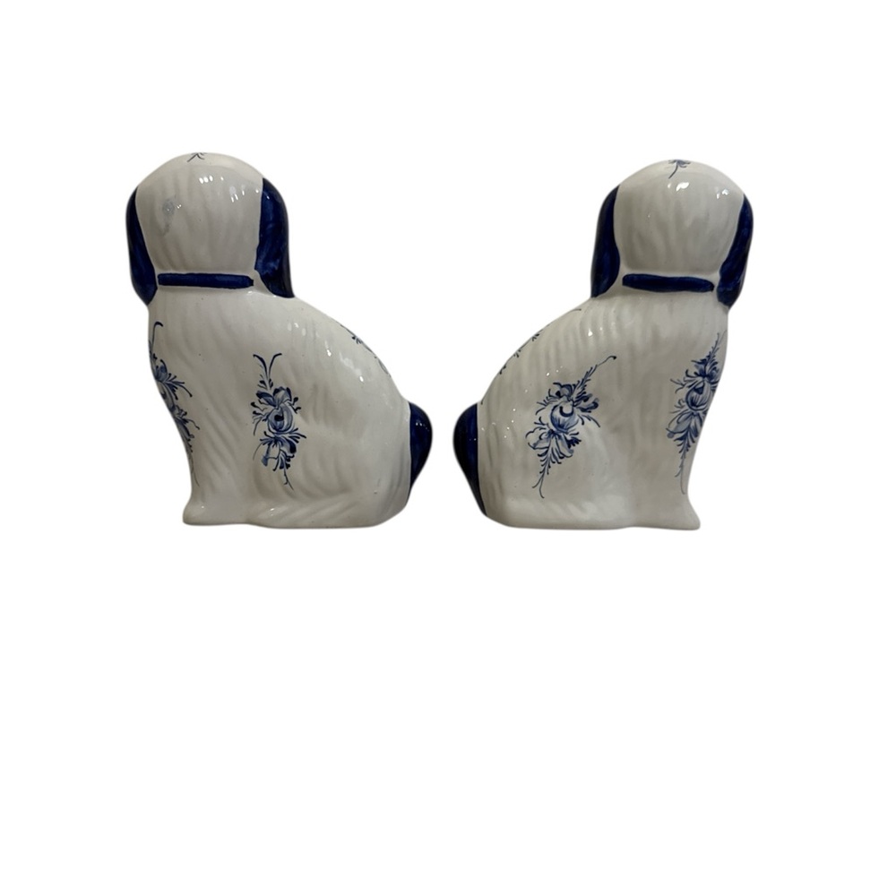 Vintage Pair of Ceramic Portugal Dog Statue White & Cobalt Blue Hand Painted - Picture 2 of 6